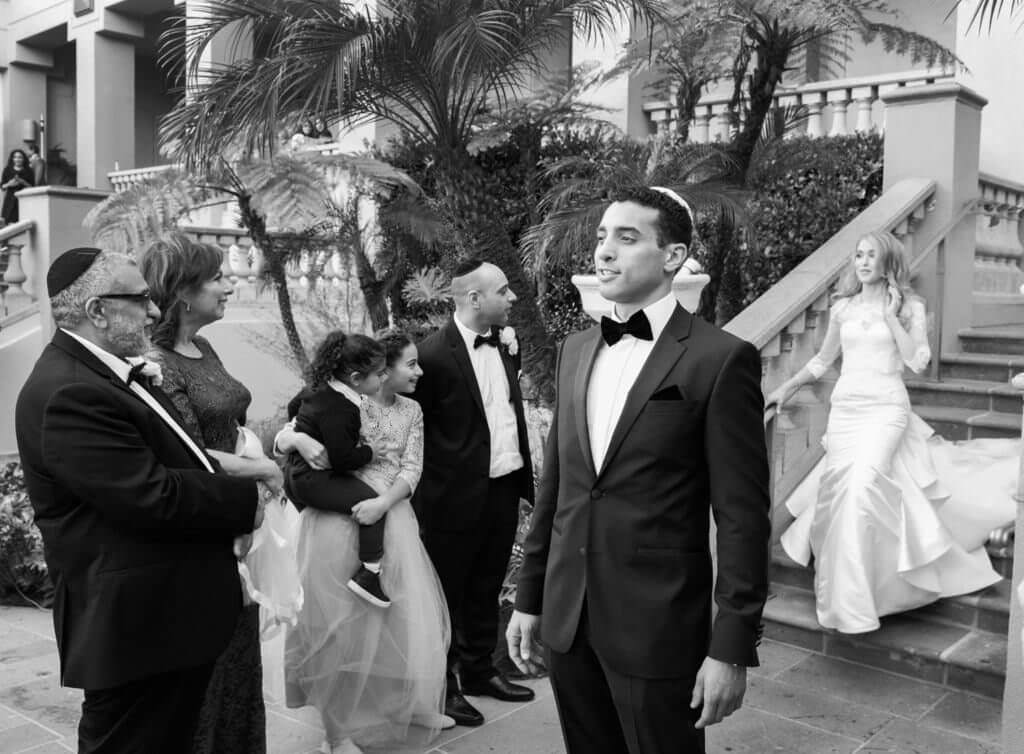 Bride and groom about to see each other classic black and white 