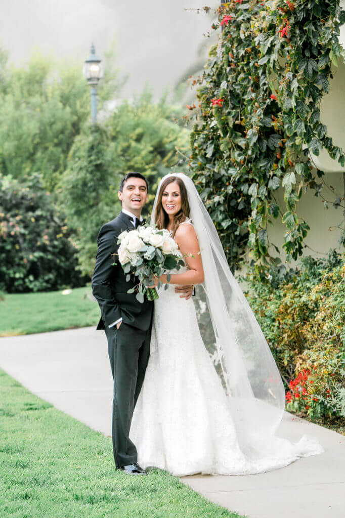 Portrait of bride and groom with FOG at Bel Air Bay club