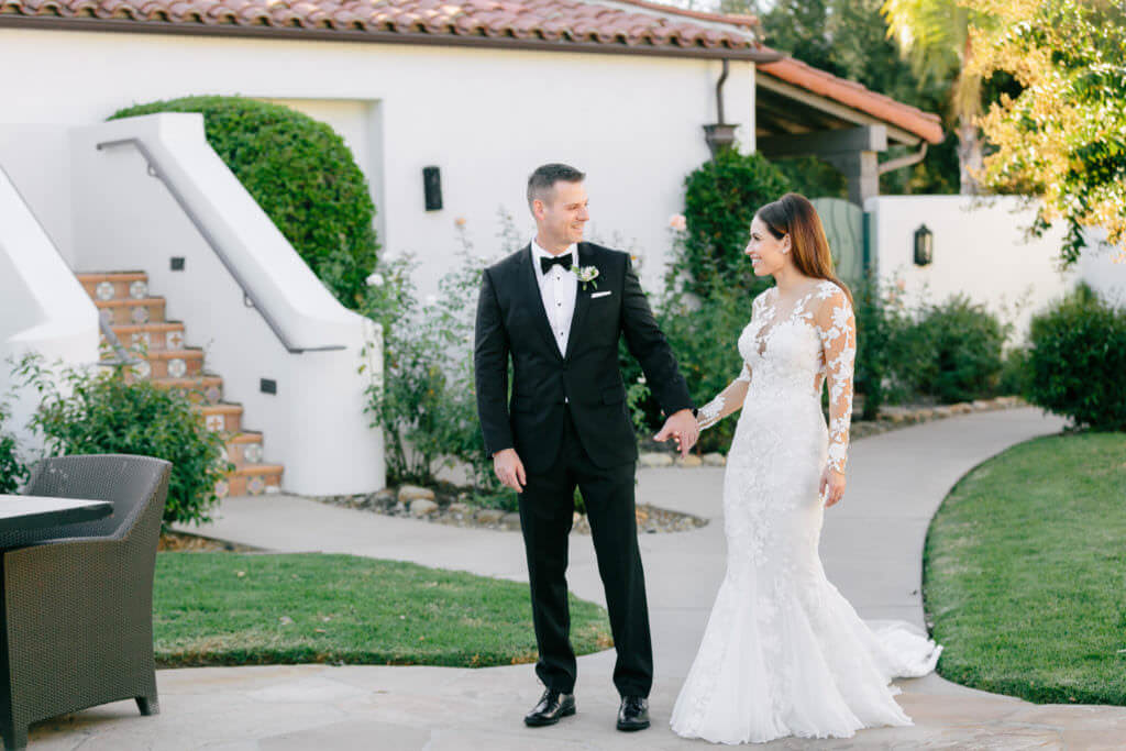 Bride and groom seeing each other at Ojai Valley Inn 