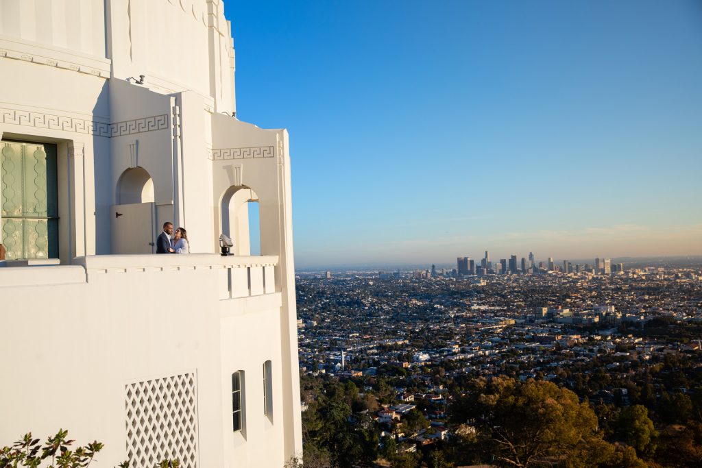 Engagement session at Griffith observatory view of the building from far 