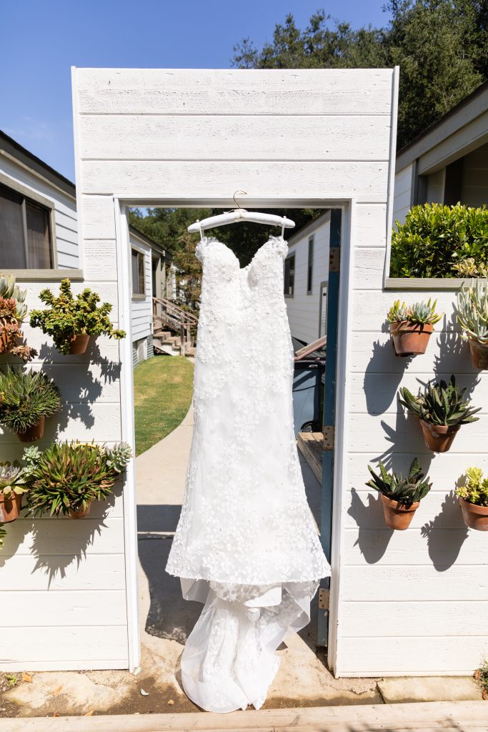 Wedding Dress hanging at Calamigos Ranch malibu