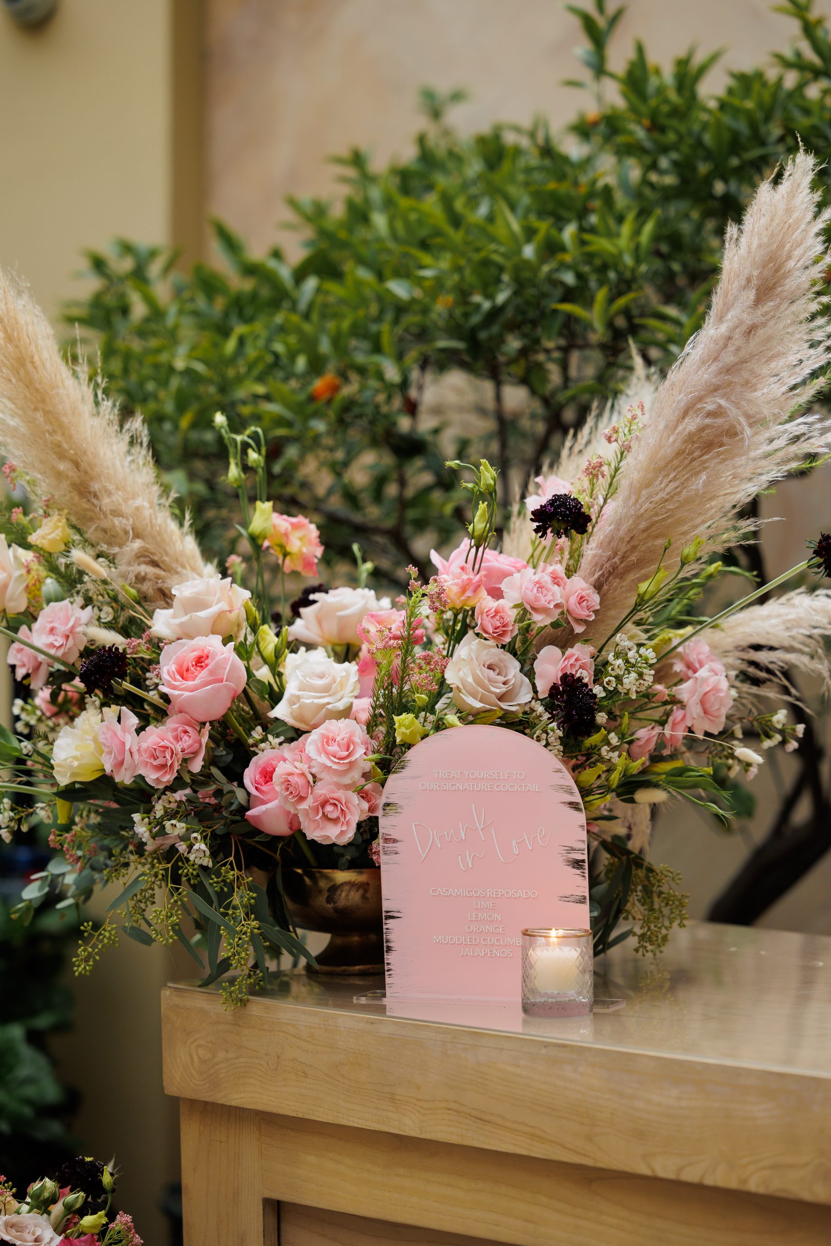 Pink flowers and pampas