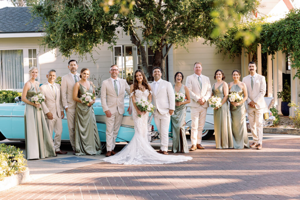 Bridal party stainding at the lobby of the Belmond Hotel in Santa Barbara