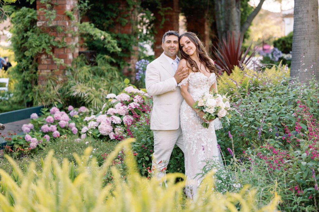 Belmond el encanto bride and groom at the lily pond garden