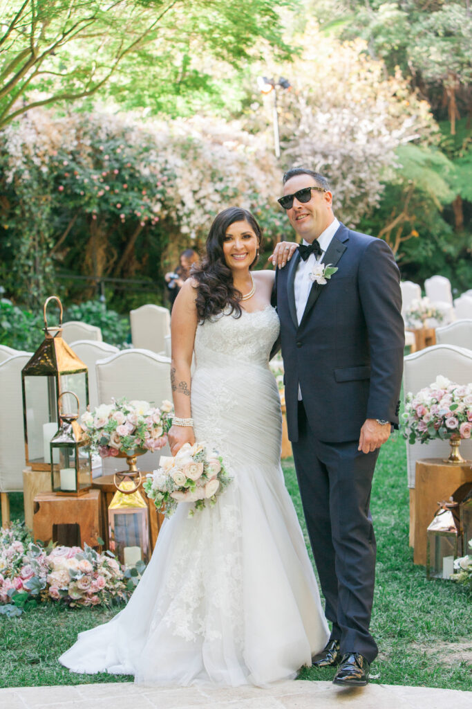 Bride wearing Monique Lloullier wedding dress and groom wearing a tom ford tuxedo at hotel Bel Air 