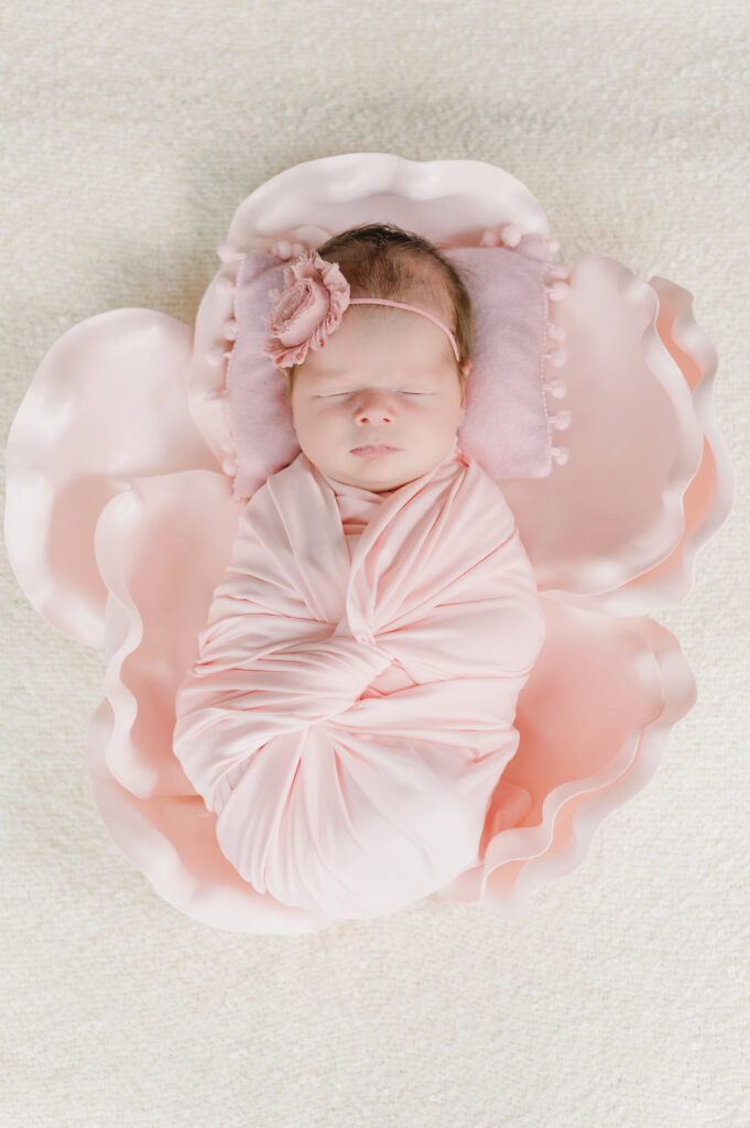 Newborn baby girl sleeping on a pink rose from hobby lobby 