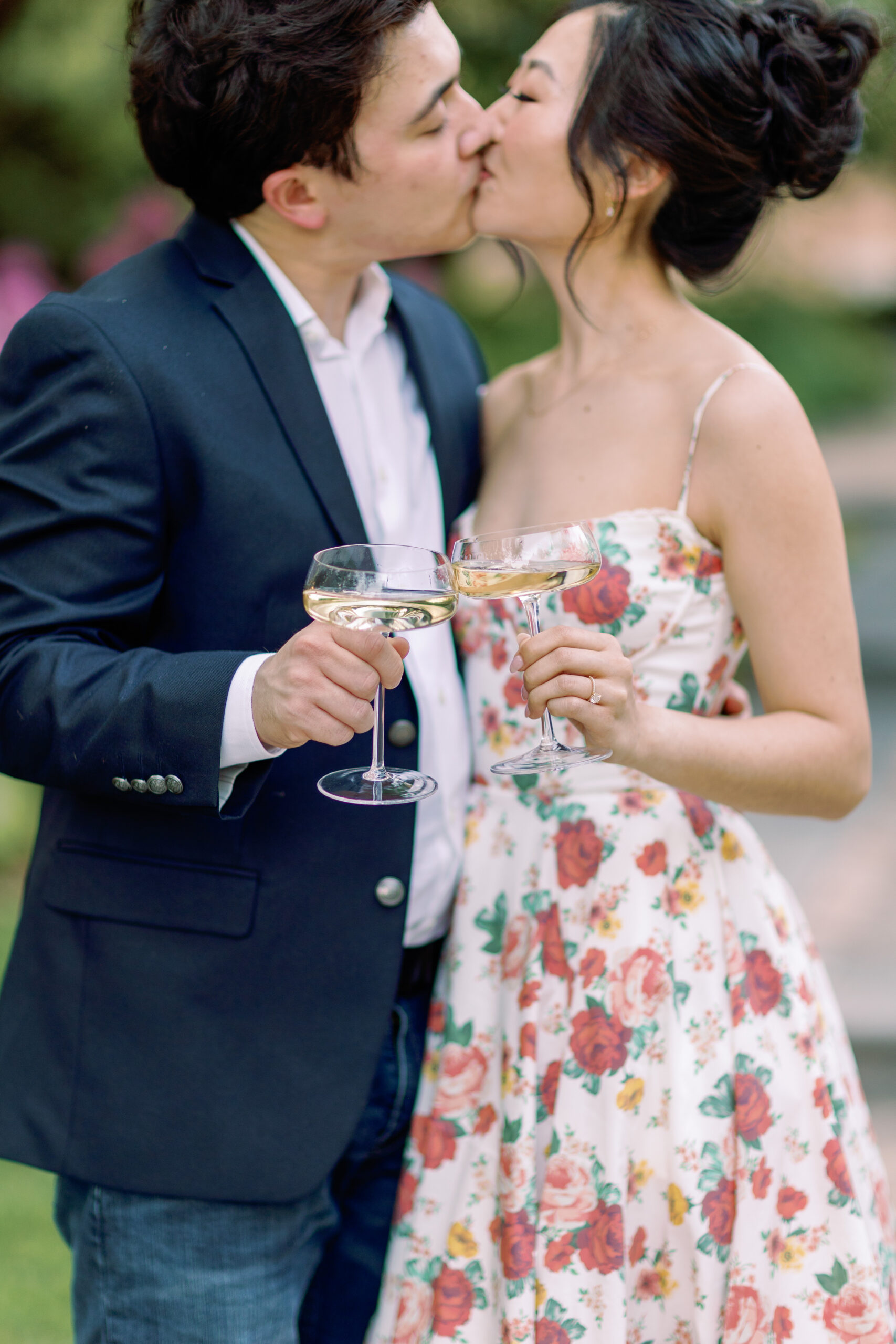 A couple toast engagement session photos